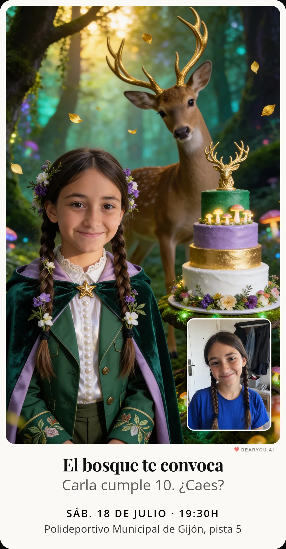 Invitación de cumpleaños infantil personalizada con nombre y edad, temática de animal mágico del bosque encantado