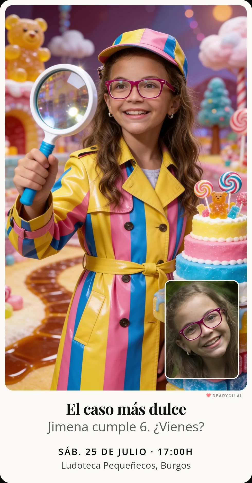Invitación de cumpleaños infantil personalizada con nombre y edad, temática de detective en chuchelandia