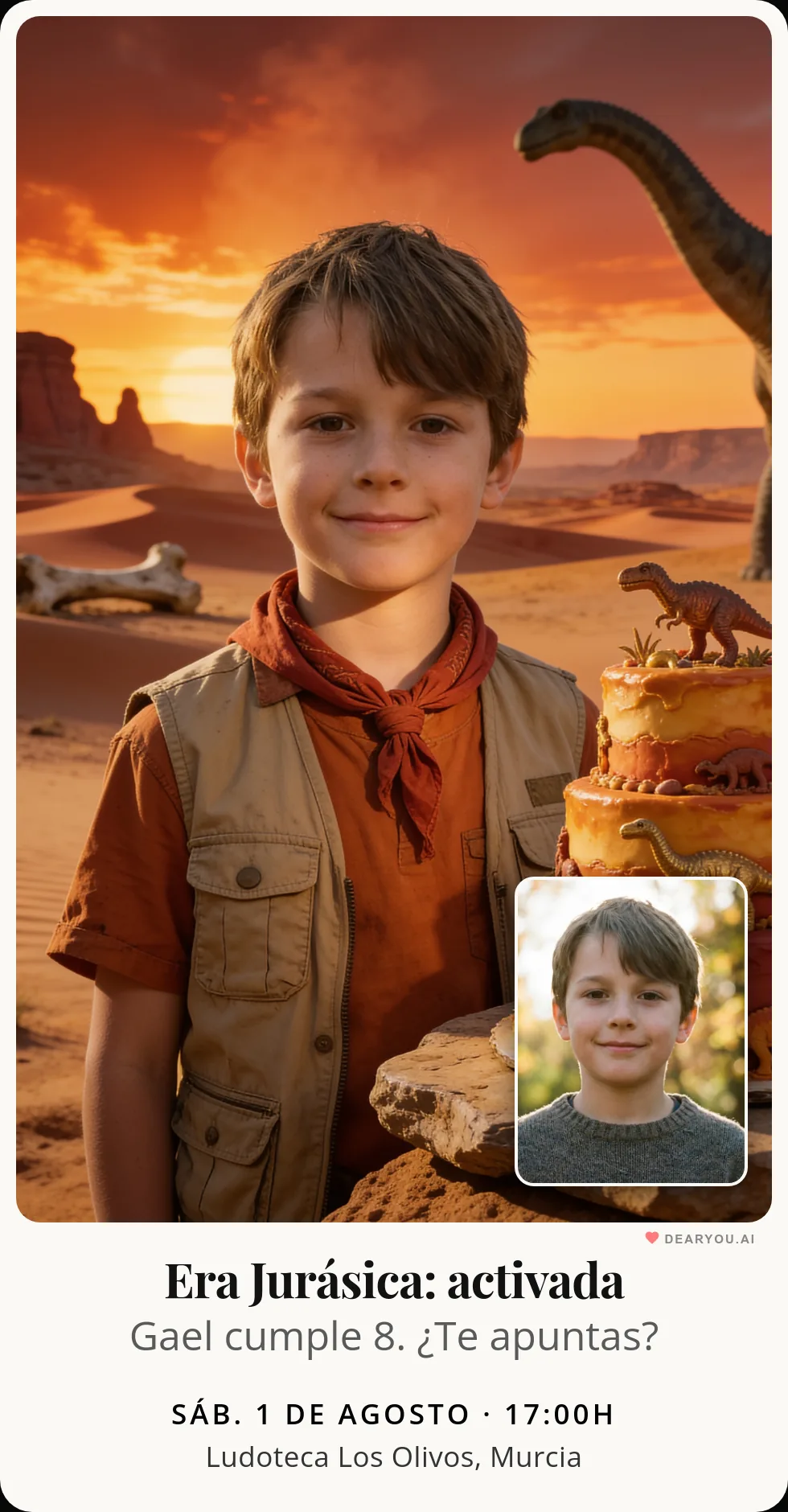 Invitación de cumpleaños infantil personalizada con nombre y edad, temática de dinosaurios