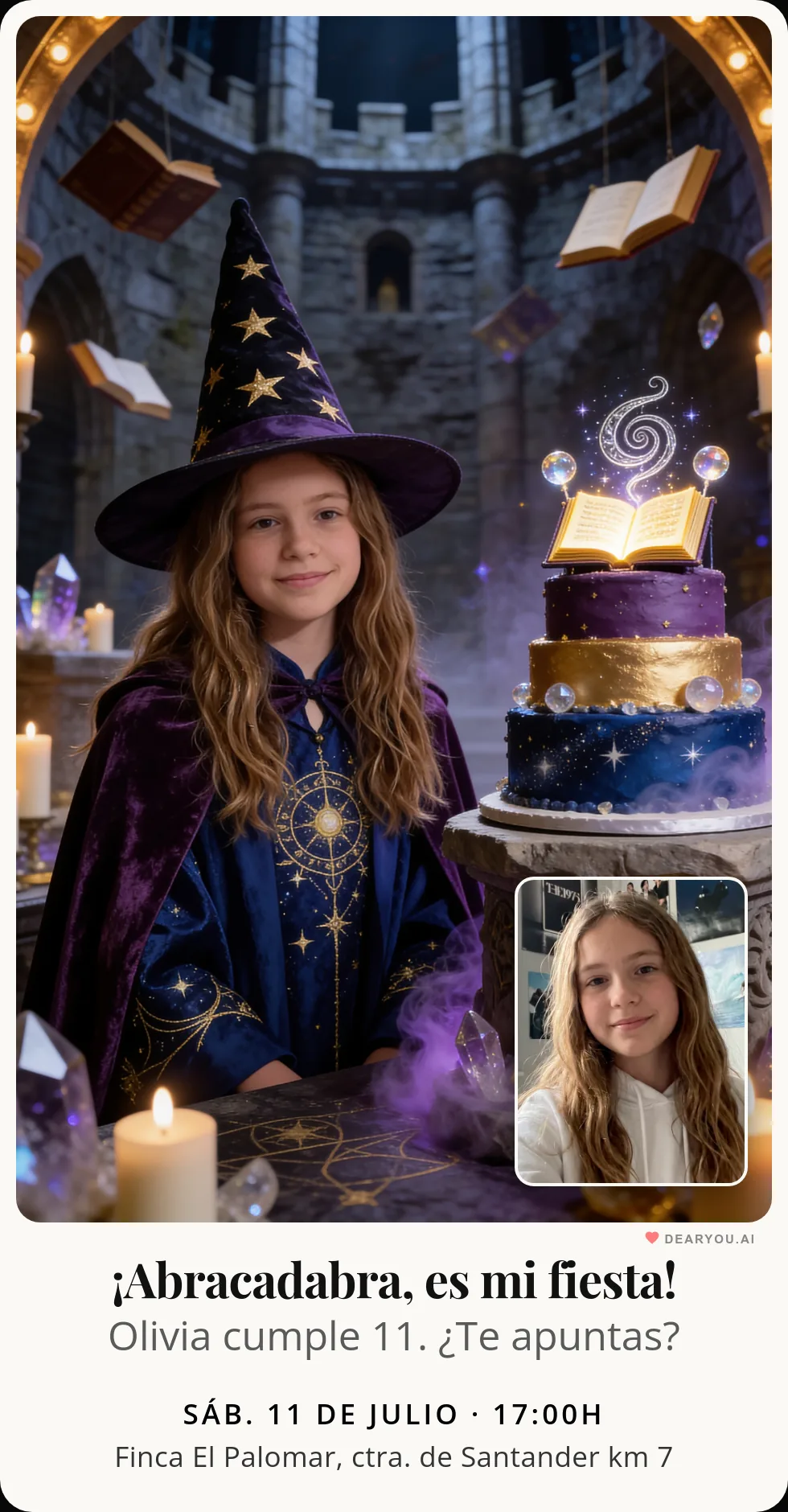 Invitación de cumpleaños infantil personalizada con nombre y edad, temática de magia y hechizos