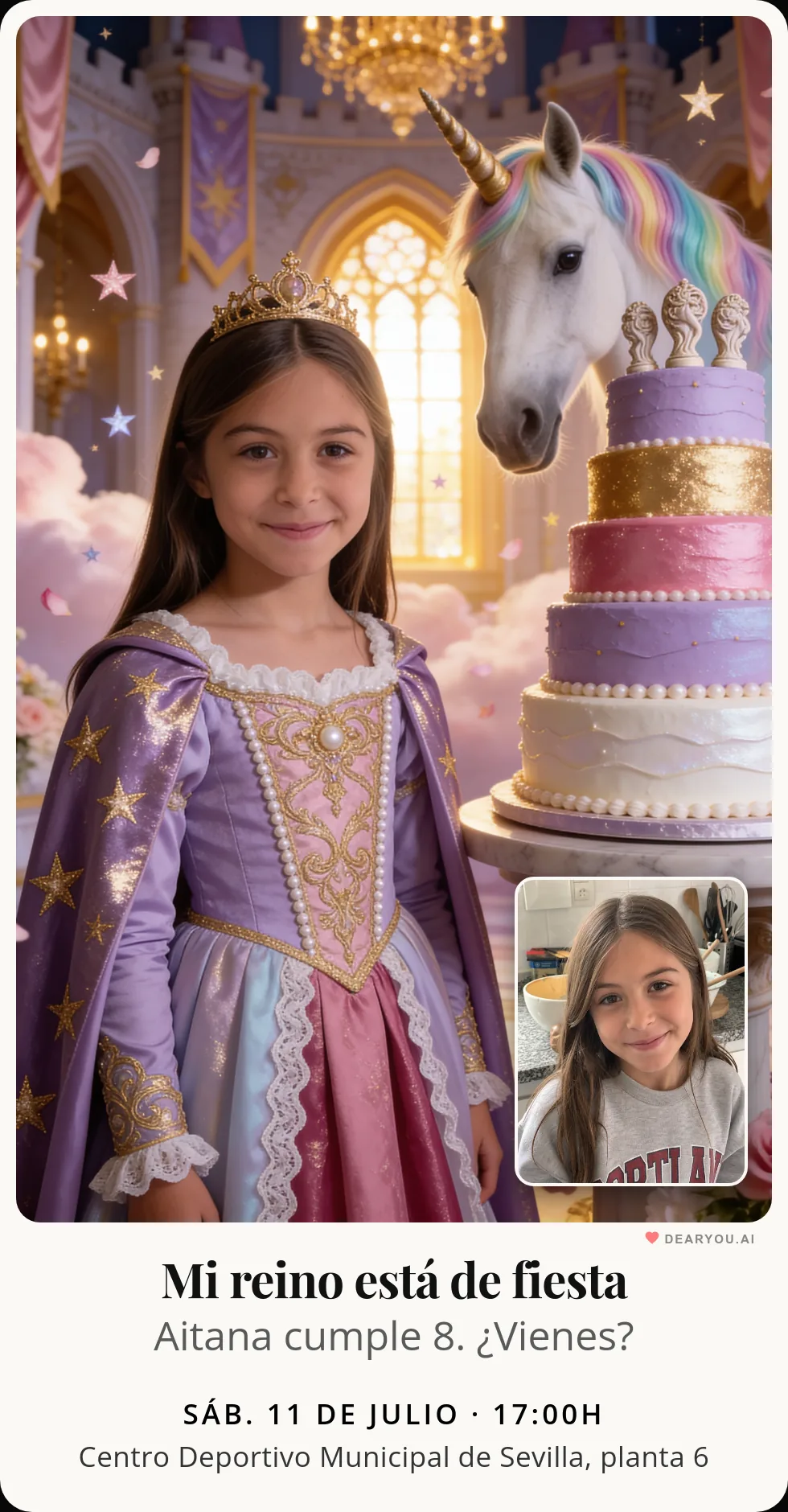 Invitación de cumpleaños infantil personalizada con nombre y edad, temática de princesa y unicornio mágico