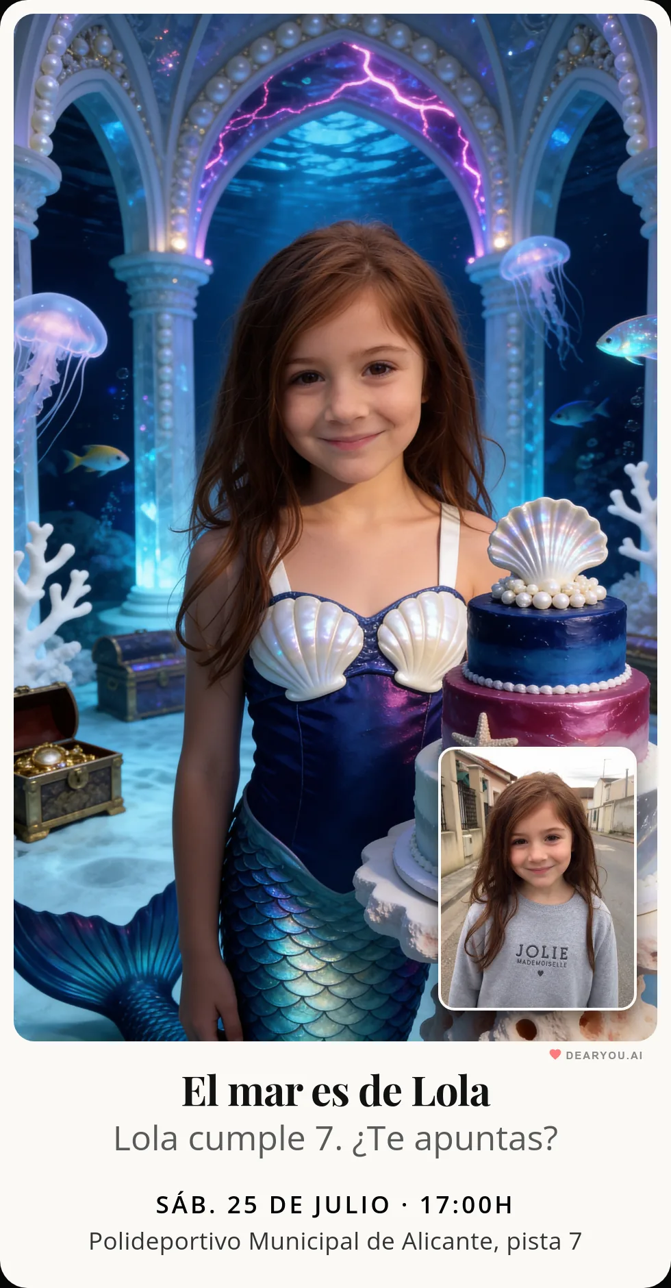 Invitación de cumpleaños infantil personalizada con nombre y edad, temática de sirenas