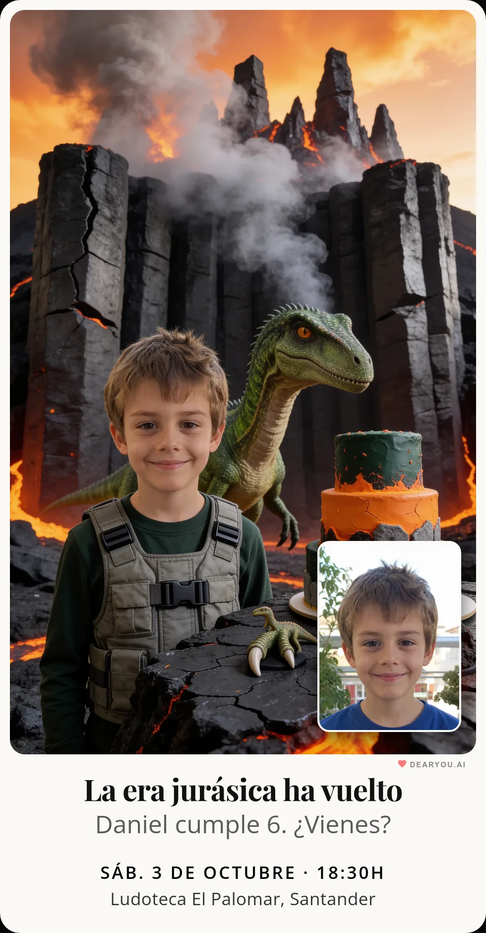 Invitación de cumpleaños infantil personalizada con nombre y edad, temática de volcán en erupción