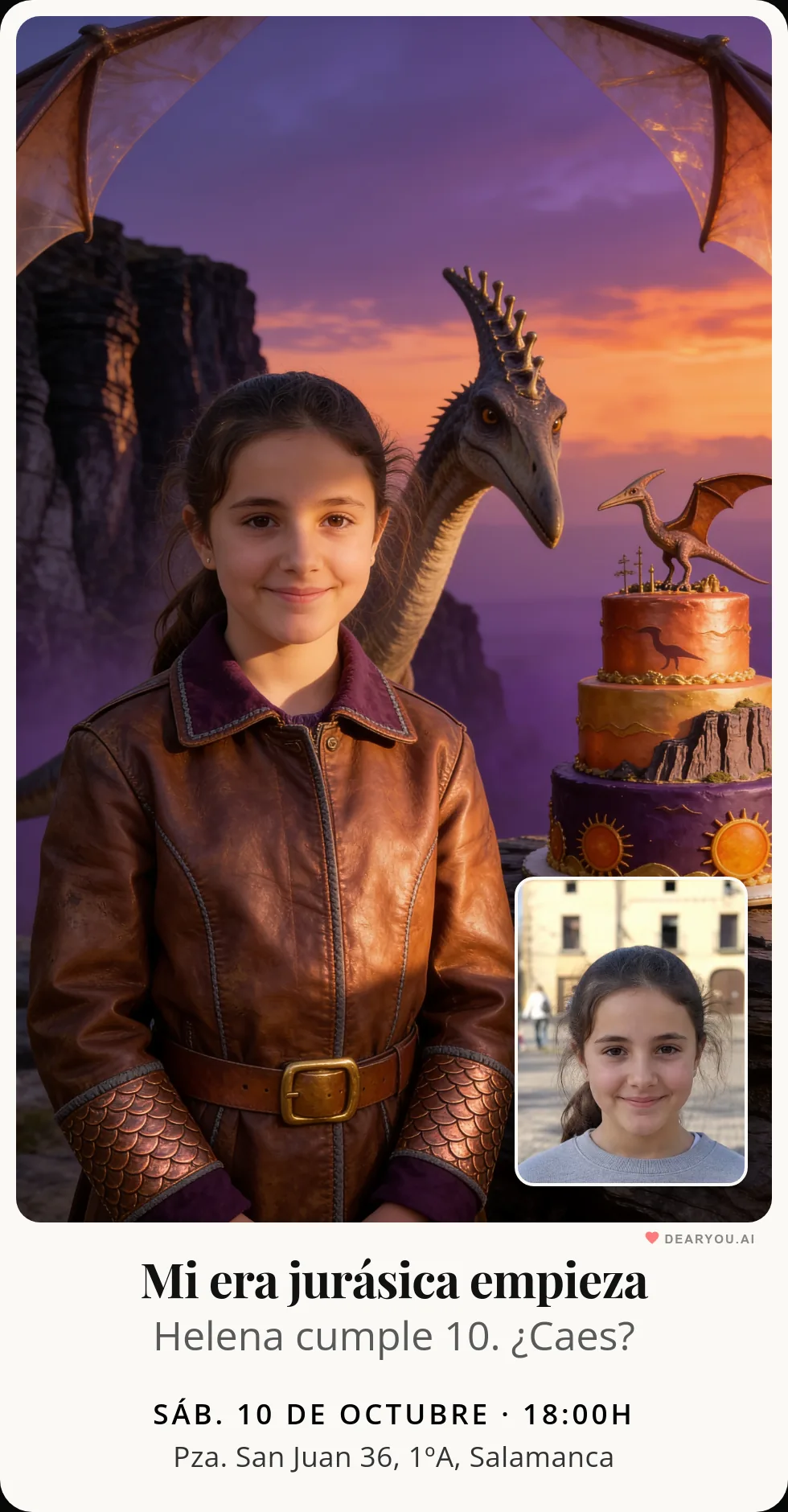 Invitación de cumpleaños infantil personalizada con nombre y edad, temática de acantilados al atardecer
