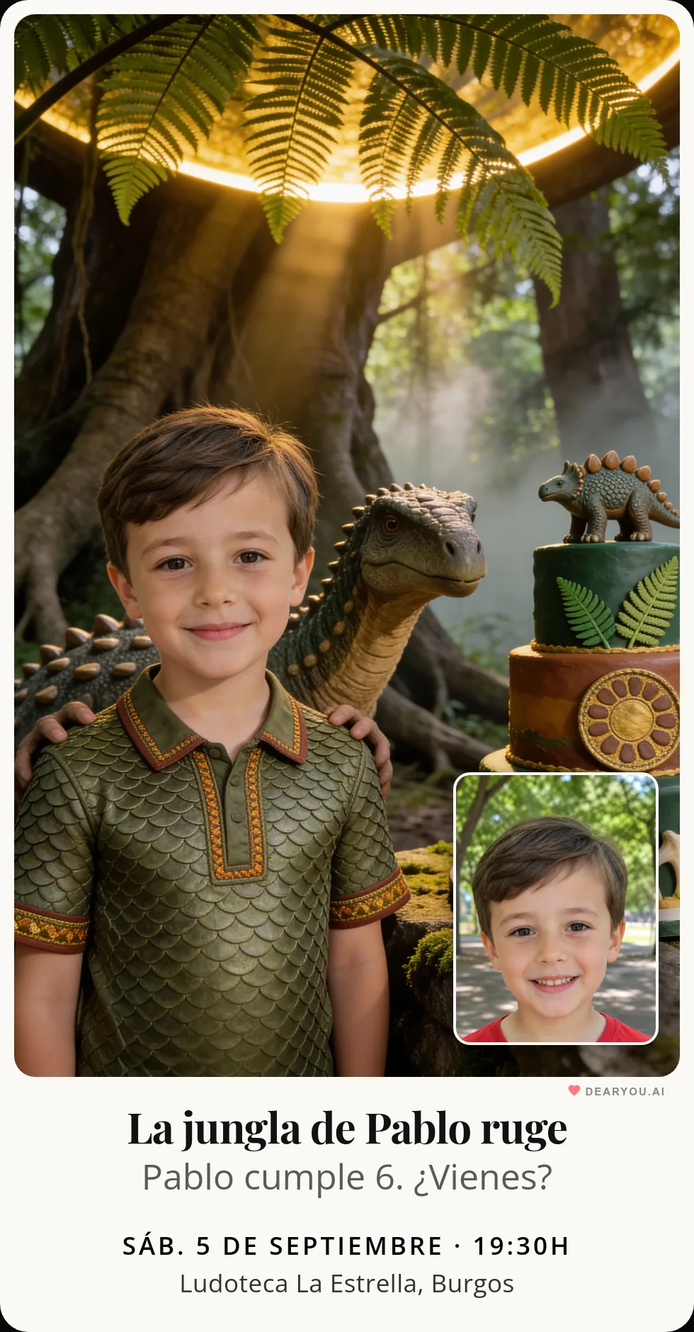 Invitación de cumpleaños infantil personalizada con nombre y edad, temática de jungla de helechos gigantes