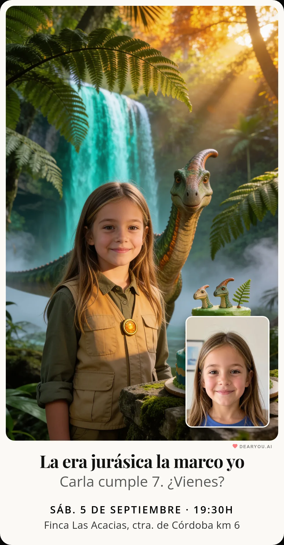 Invitación de cumpleaños infantil personalizada con nombre y edad, temática de cascada en la selva