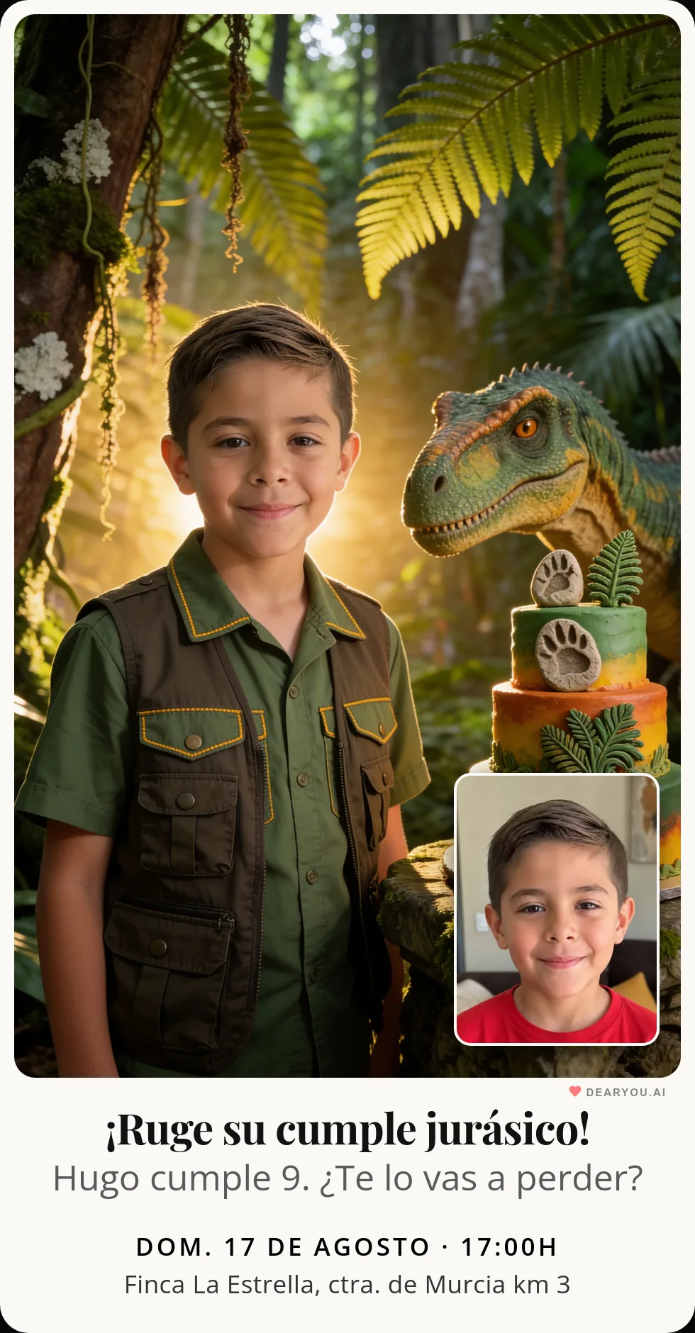 Invitación de cumpleaños infantil personalizada con nombre y edad, temática de bosque de helechos al atardecer