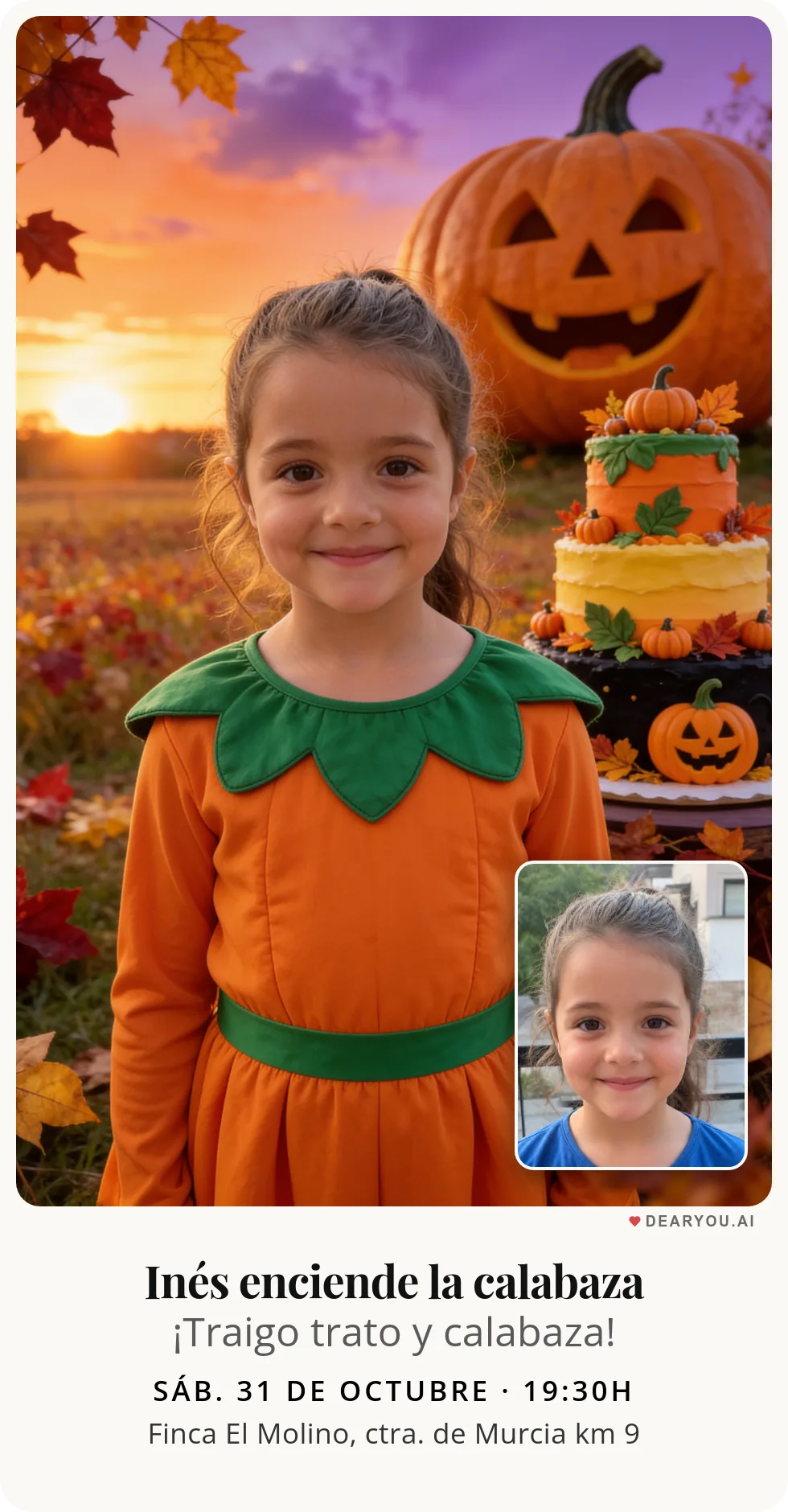 Invitación de cumpleaños infantil personalizada con nombre y edad, temática de calabaza gigante riendo