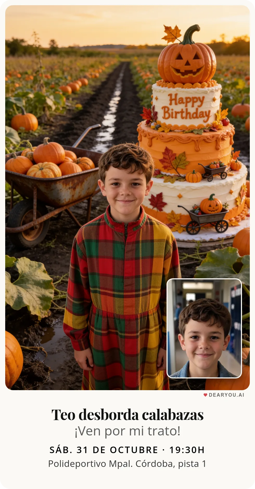 Invitación de cumpleaños infantil, temática de carretilla desbordada de calabazas en el huerto