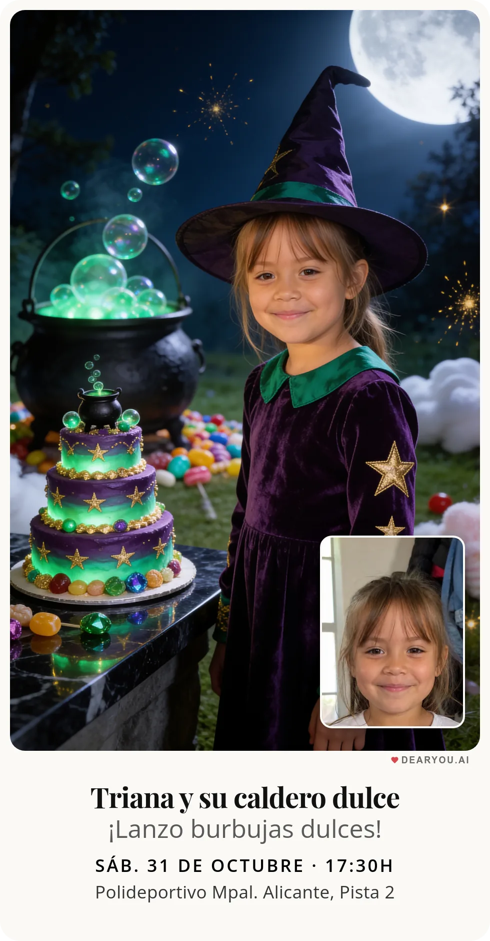 Invitación de cumpleaños infantil, temática de caldero burbujeante de chuches bajo la luna llena