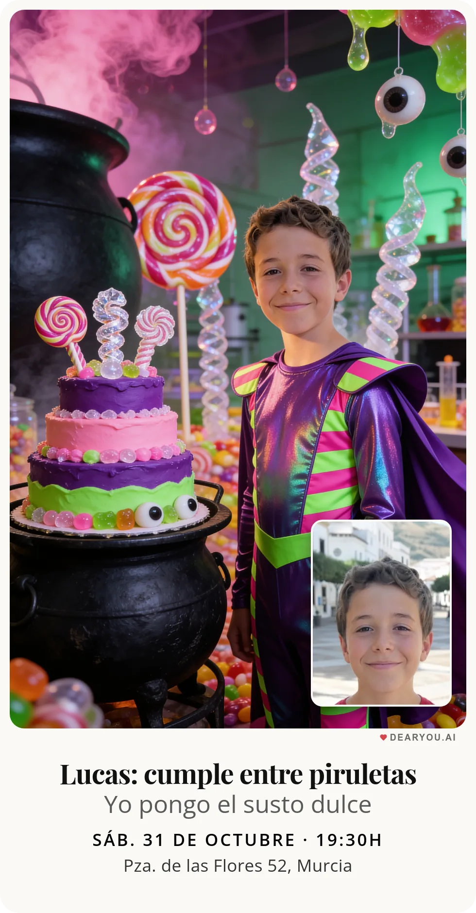 Invitación de cumpleaños infantil personalizada con nombre y edad, temática de caldero de piruletas y ojos de gominola