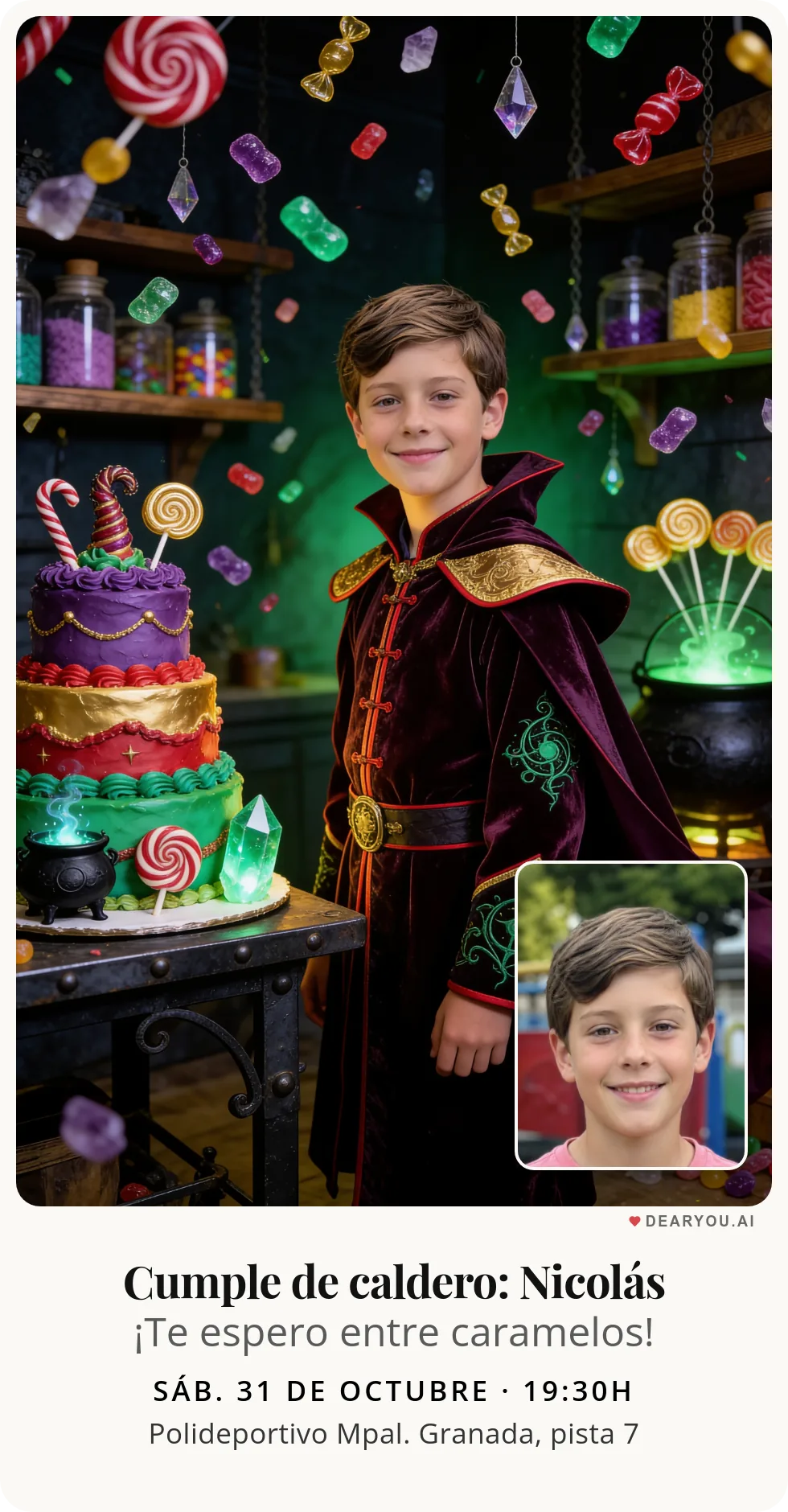 Invitación de cumpleaños infantil personalizada con nombre y edad, temática de lluvia de caramelos sobre el caldero mágico