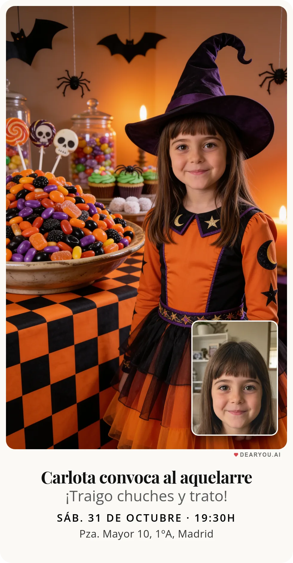 Invitación de cumpleaños infantil, temática de mesa de chuches de Halloween con murciélagos de papel