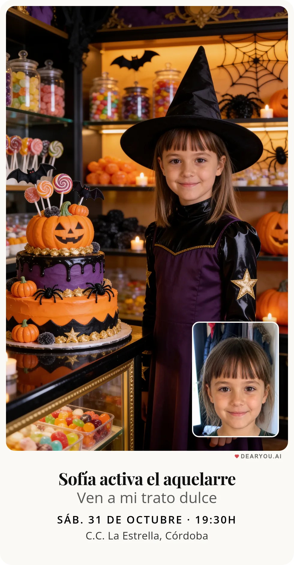 Invitación de cumpleaños infantil personalizada con nombre y edad, temática de tienda de chuches encantada en Halloween