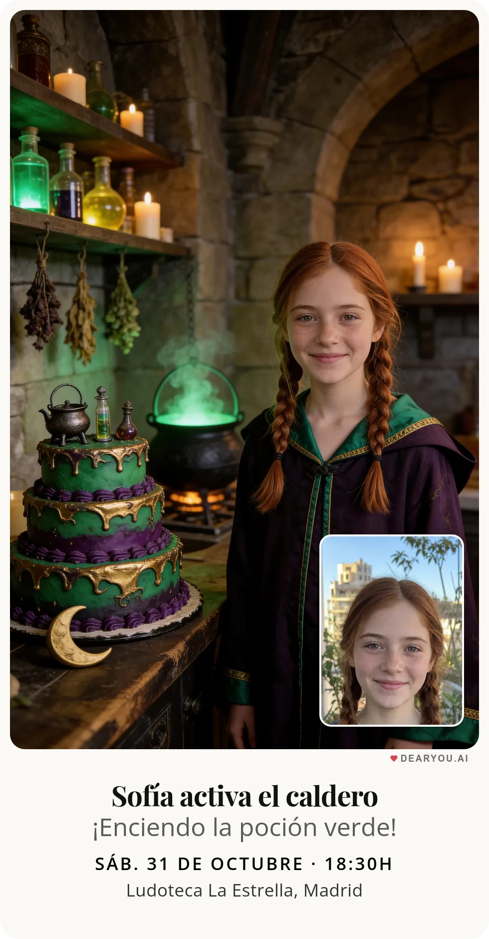 Invitación de cumpleaños infantil personalizada con nombre y edad, temática de caldero de pociones en la cocina del castillo