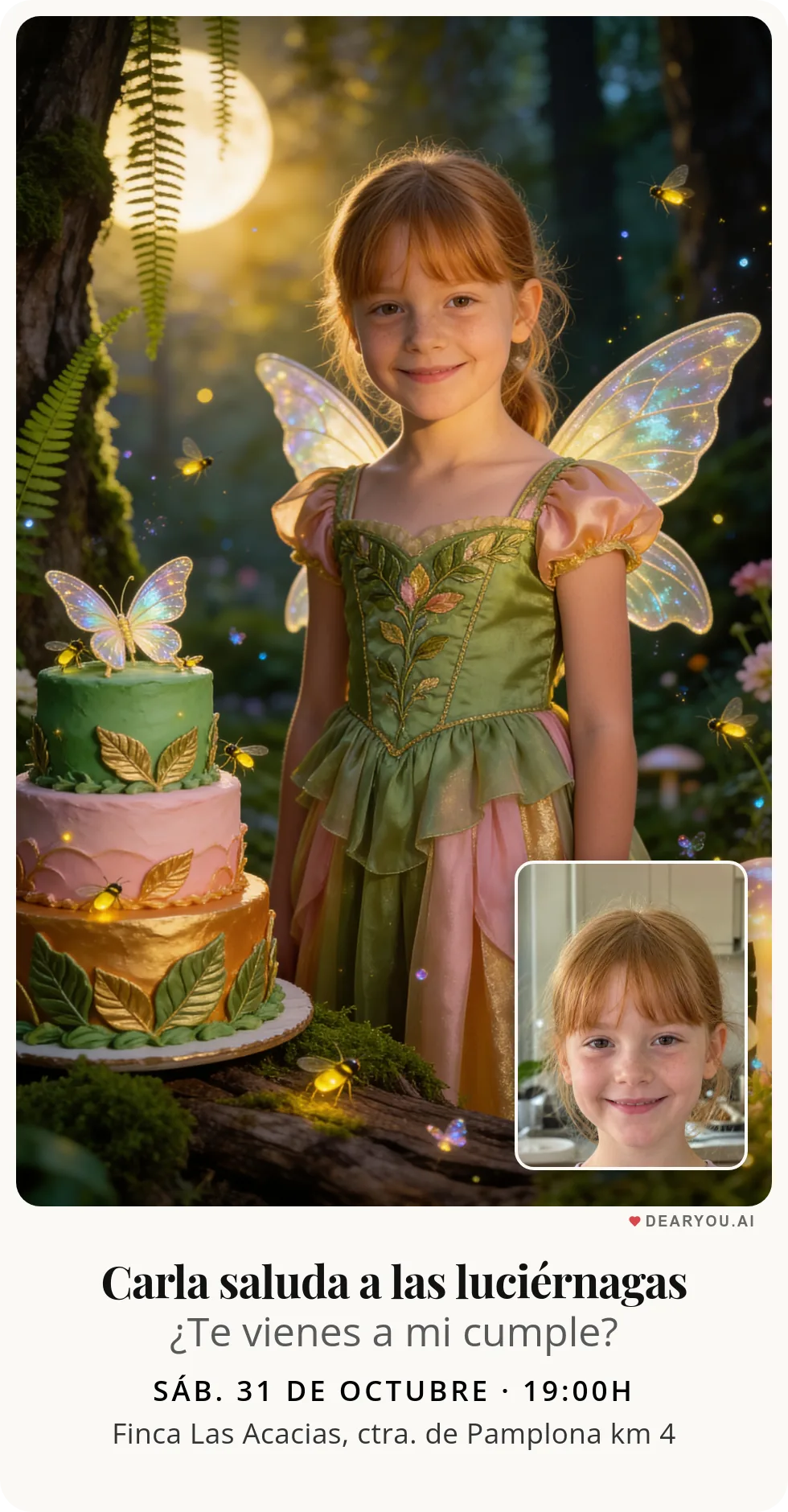 Invitación de cumpleaños infantil personalizada con nombre y edad, temática de hada del bosque encantado