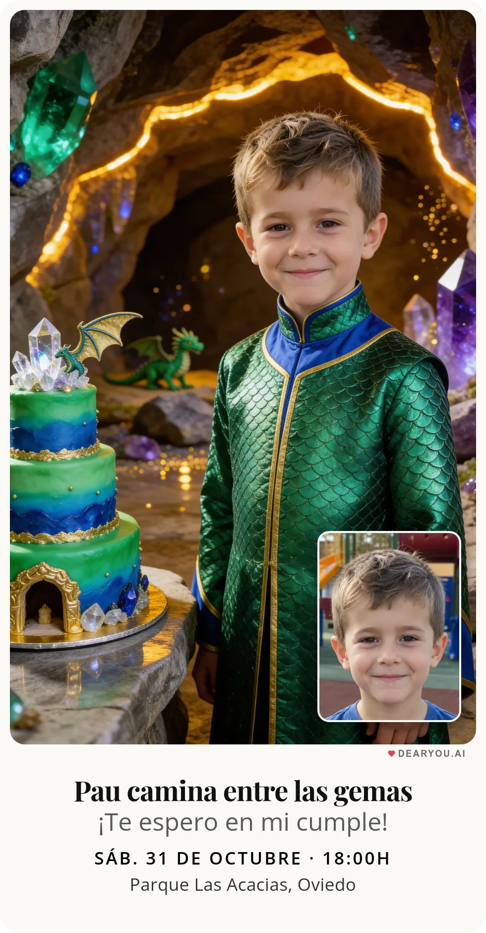 Invitación de cumpleaños infantil personalizada con nombre y edad, temática de pequeño dragón en la cueva de las gemas
