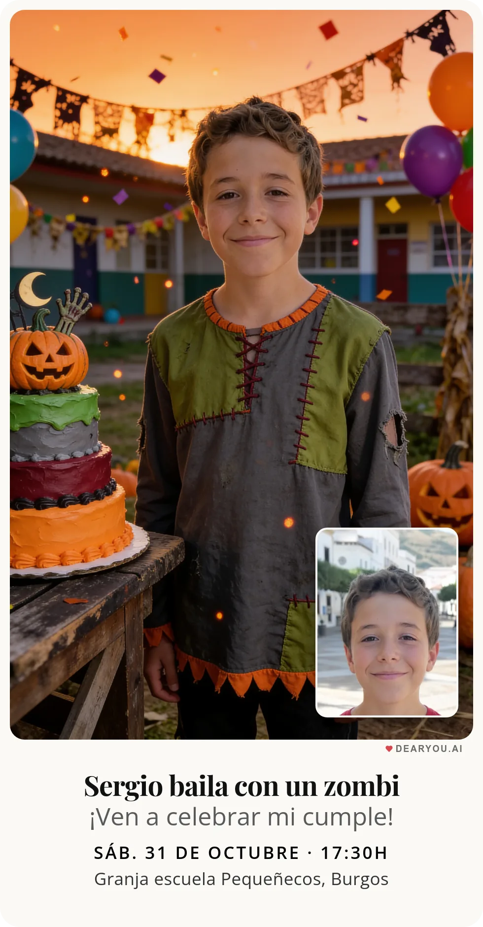 Invitación de cumpleaños infantil personalizada con nombre y edad, temática de zombi simpático en la fiesta de disfraces