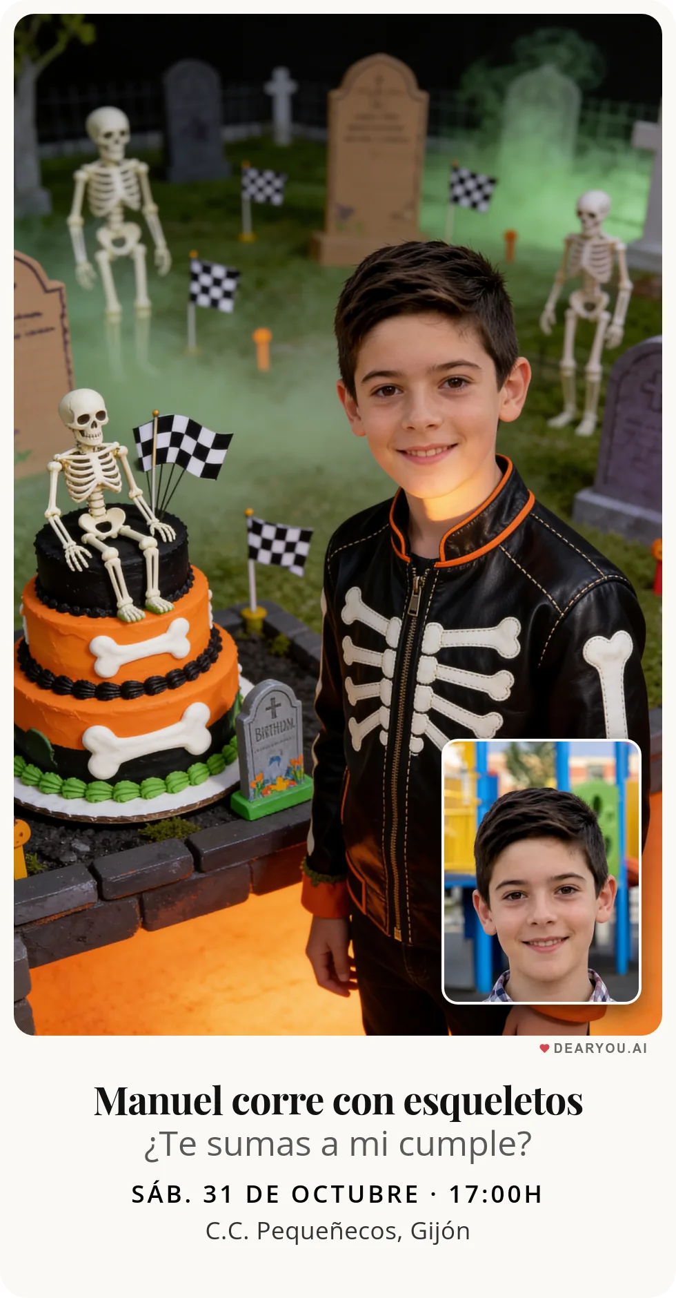 Invitación de cumpleaños infantil, temática de carrera de esqueletos por el cementerio de juguete