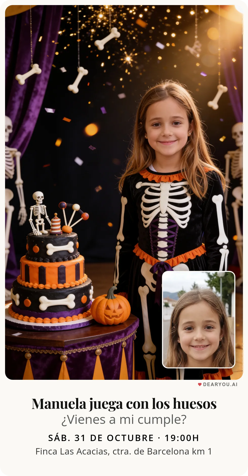 Invitación de cumpleaños infantil personalizada con nombre y edad, temática de esqueletos malabares