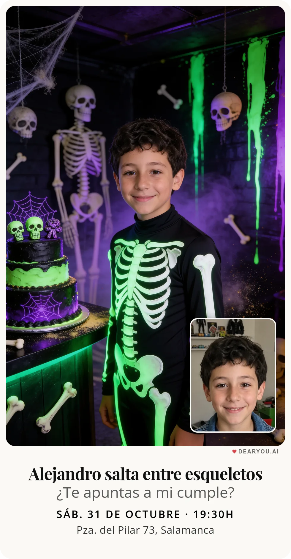 Invitación de cumpleaños infantil personalizada con nombre y edad, temática de fiesta de esqueletos fluorescentes