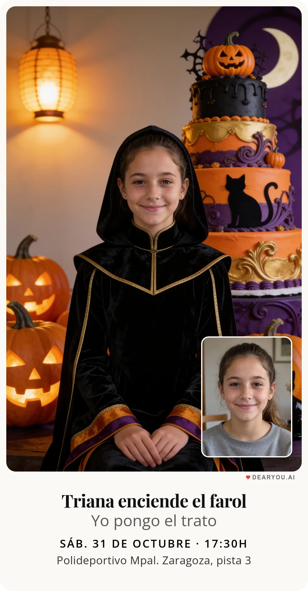Invitación de cumpleaños infantil, temática de buscadora del gato negro entre farolillos de calabaza