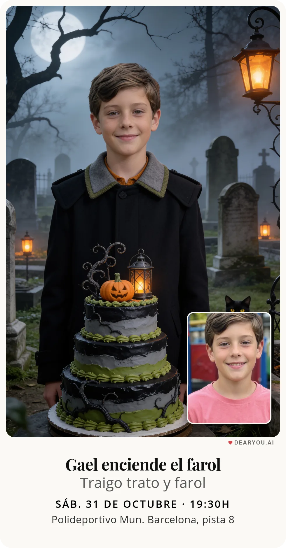Invitación de cumpleaños infantil, temática de cuidador del gato negro en el cementerio brumoso