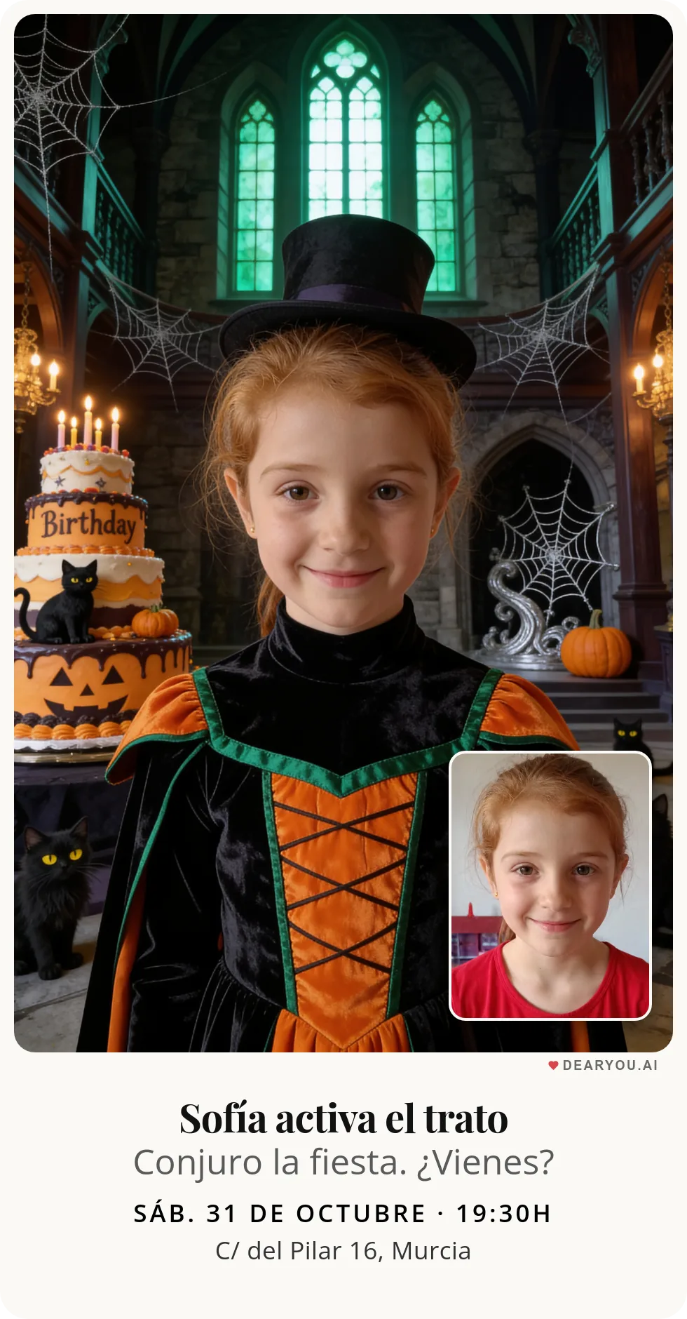 Invitación de cumpleaños infantil personalizada con nombre y edad, temática de domadora de gatos negros en la casa encantada