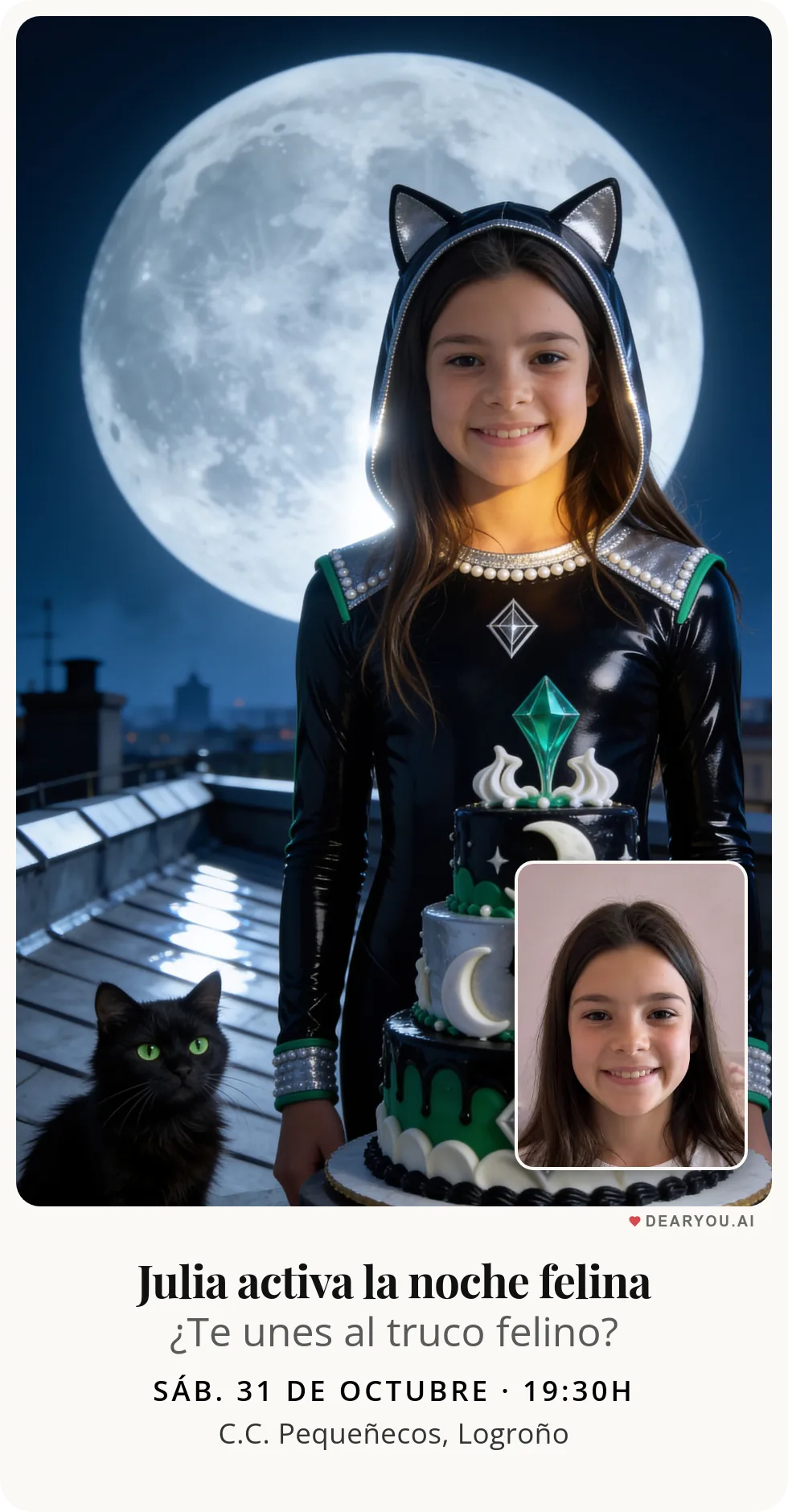 Invitación de cumpleaños infantil personalizada con nombre y edad, temática de vigilante del gato negro bajo la luna llena