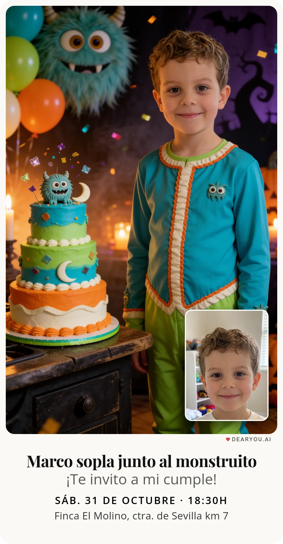 Invitación de cumpleaños infantil personalizada con nombre y edad, temática de monstruito peludo de tres ojos soplando velas