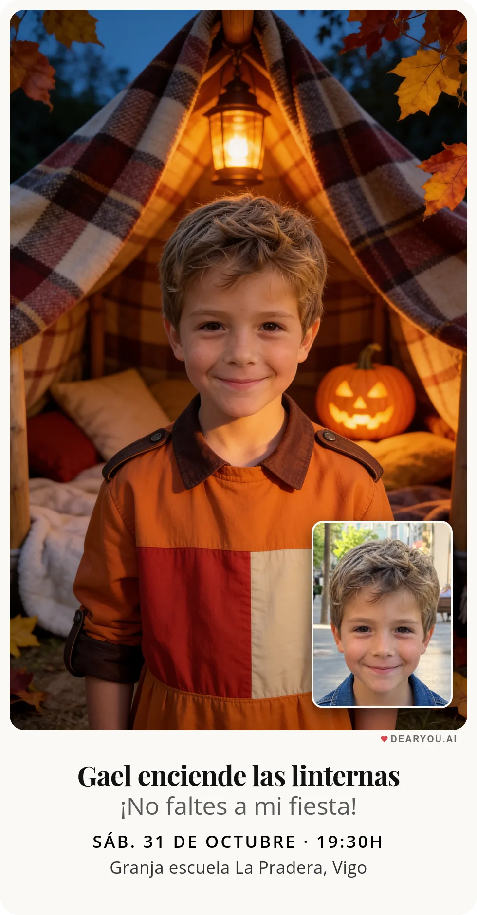 Invitación de cumpleaños infantil personalizada con nombre y edad, temática de fuerte de mantas con linternas de calabaza