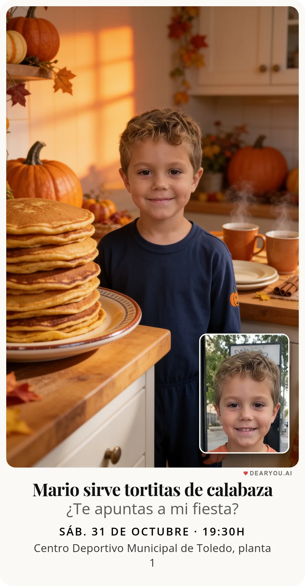 Invitación de cumpleaños infantil personalizada con nombre y edad, temática de desayuno de tortitas de calabaza en pijama