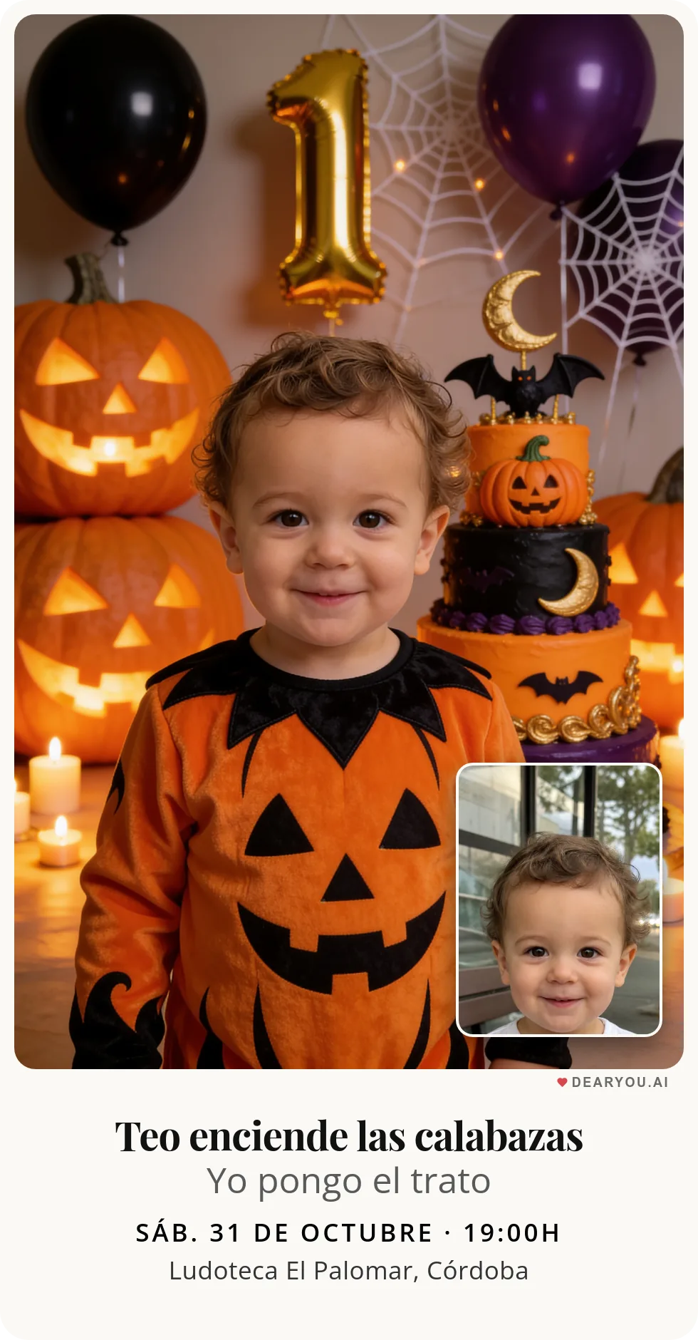 Invitación de cumpleaños infantil personalizada con nombre y edad, temática de halloween primer cumpleaños