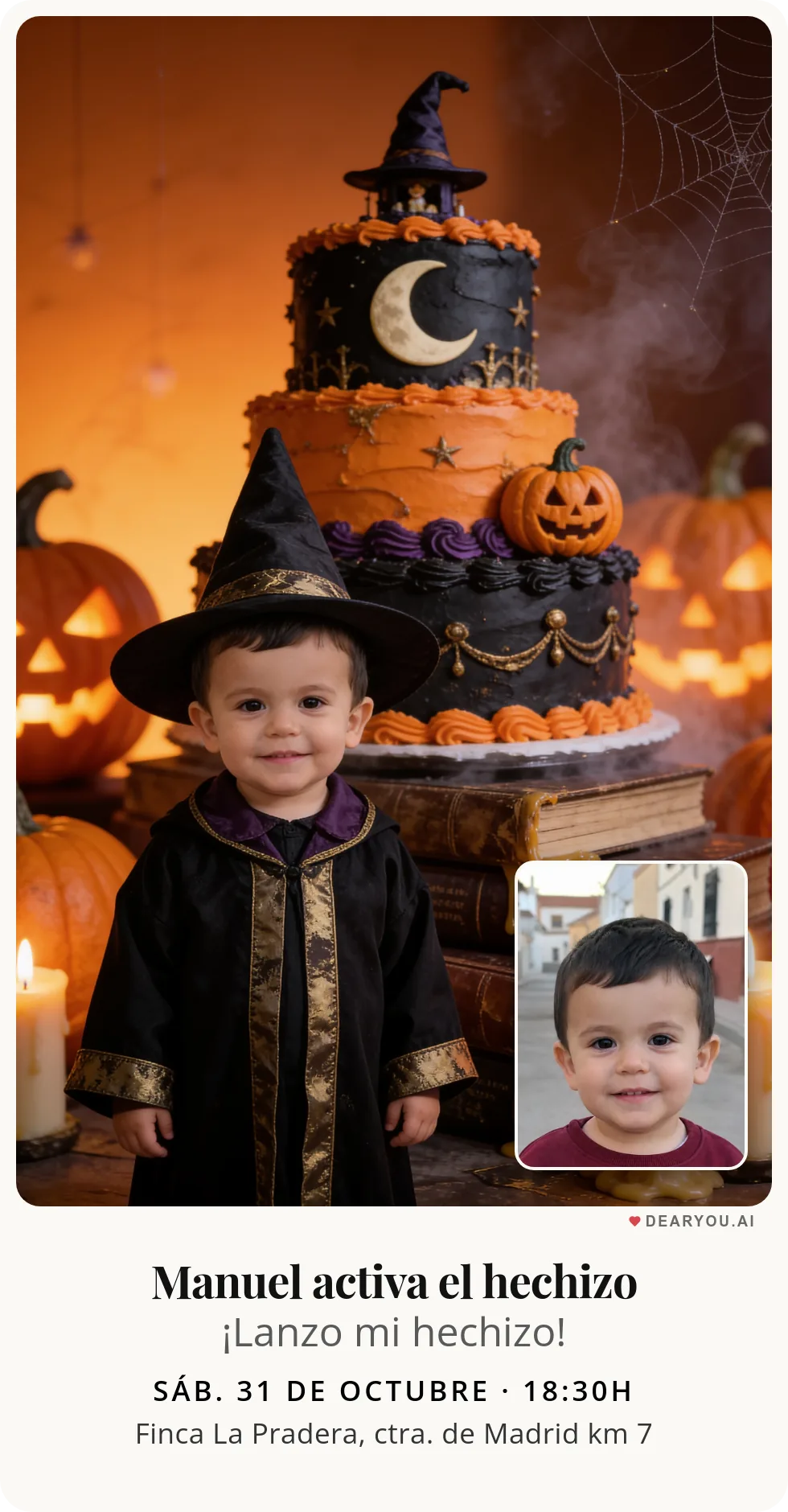 Invitación de cumpleaños infantil personalizada con nombre y edad, temática de primer cumpleaños del hechicero de Halloween