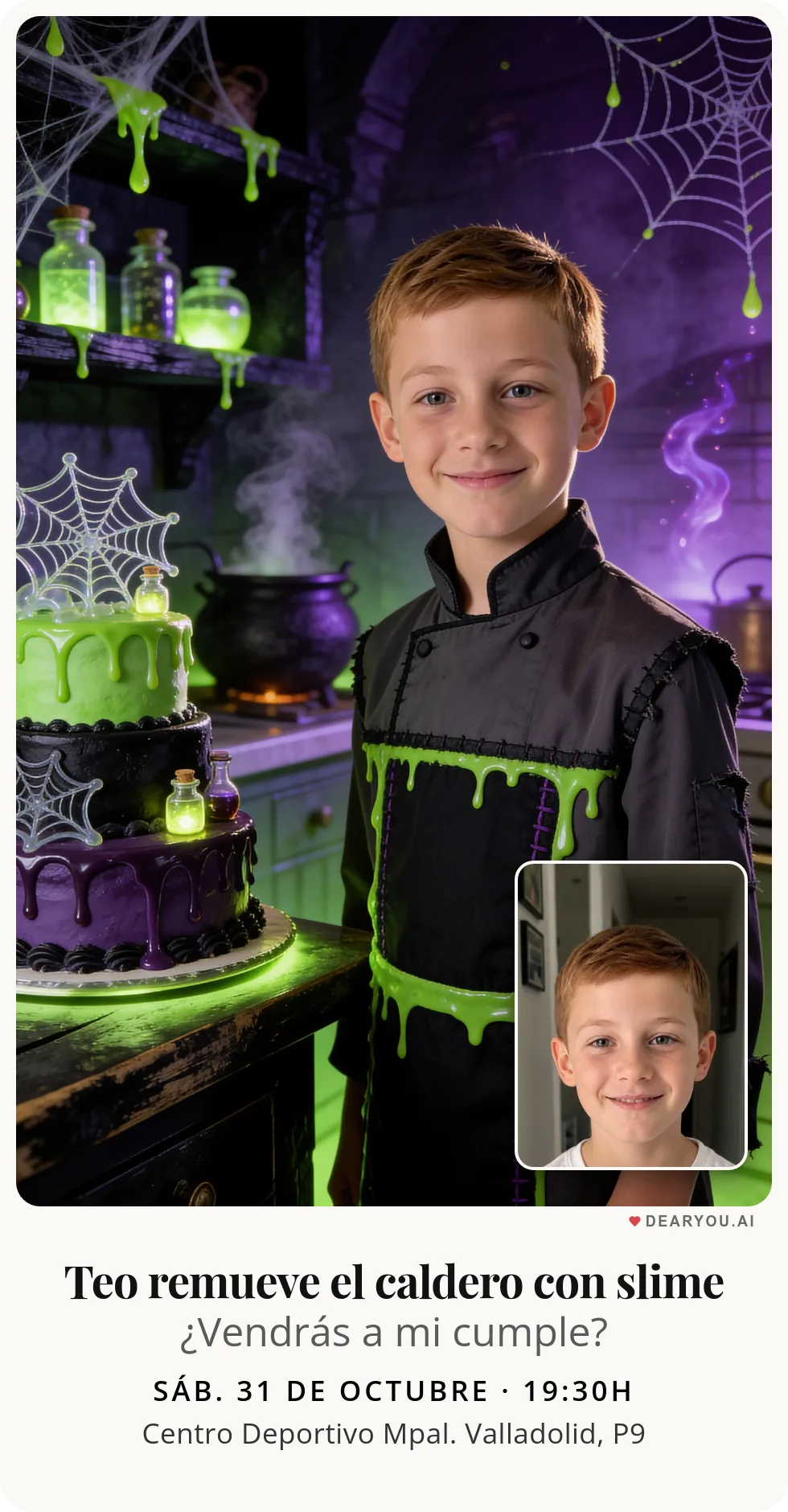 Invitación de cumpleaños infantil personalizada con nombre y edad, temática de telarañas de slime en la cocina encantada