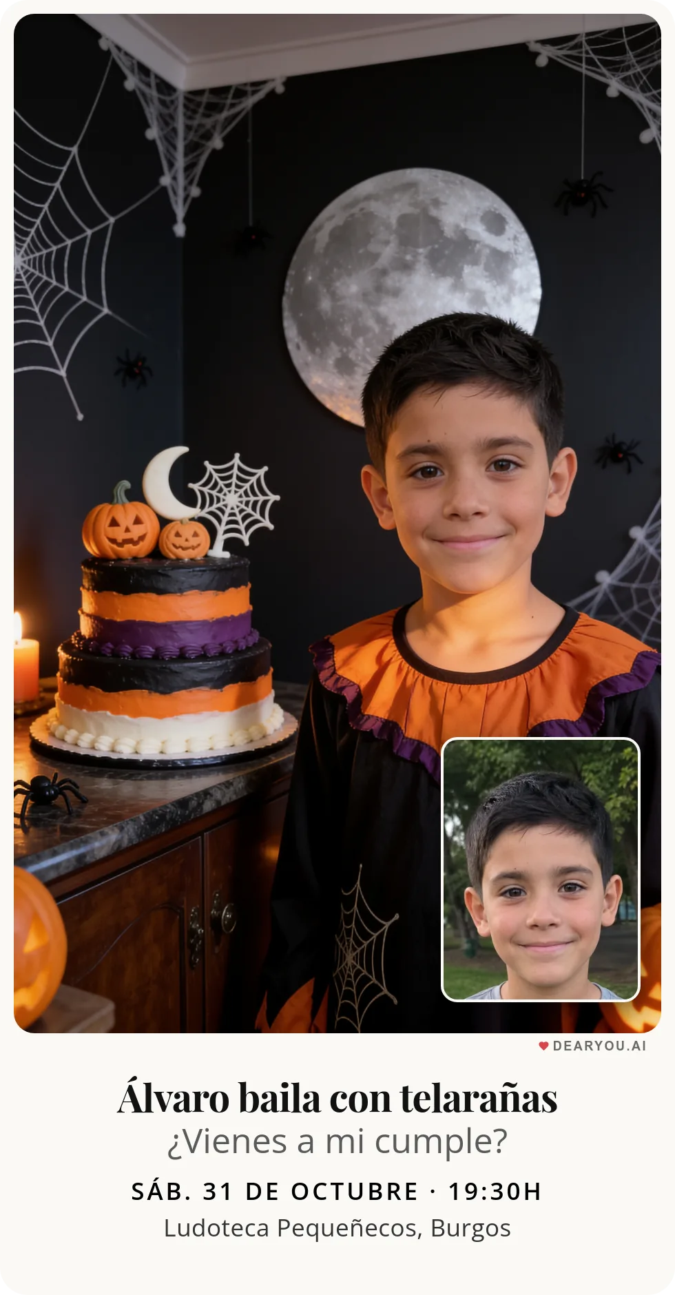 Invitación de cumpleaños infantil personalizada con nombre y edad, temática de habitación de Halloween con telarañas