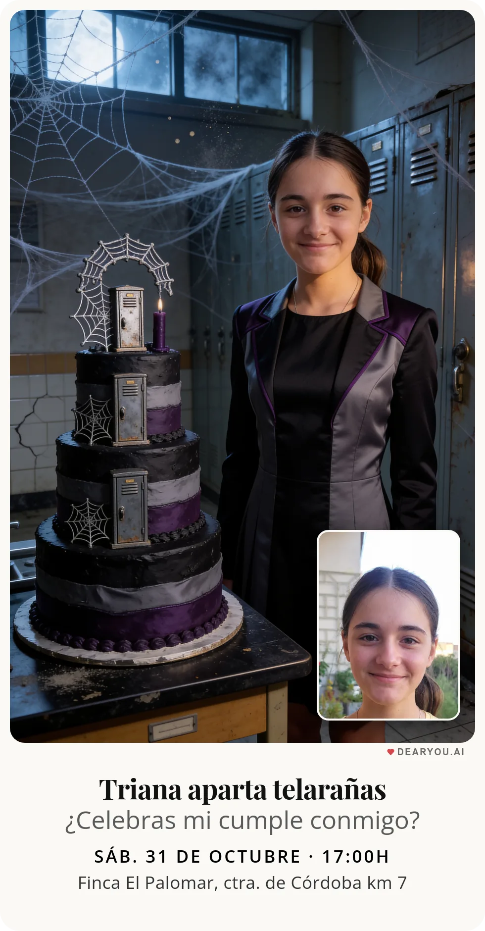 Invitación de cumpleaños infantil personalizada con nombre y edad, temática de pasillo de instituto enredado en telarañas