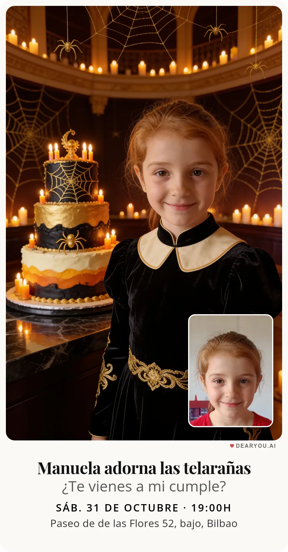 Invitación de cumpleaños infantil personalizada con nombre y edad, temática de telarañas doradas a la luz de las velas