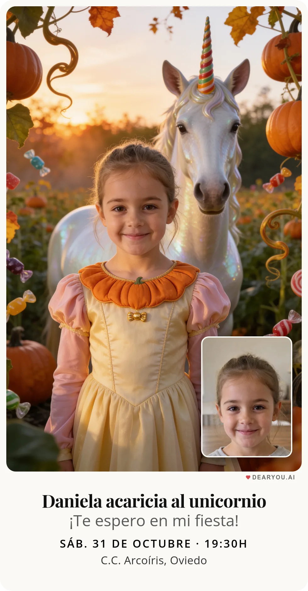Invitación de cumpleaños infantil, temática de unicornio con cuerno de caramelo en un huerto de calabazas