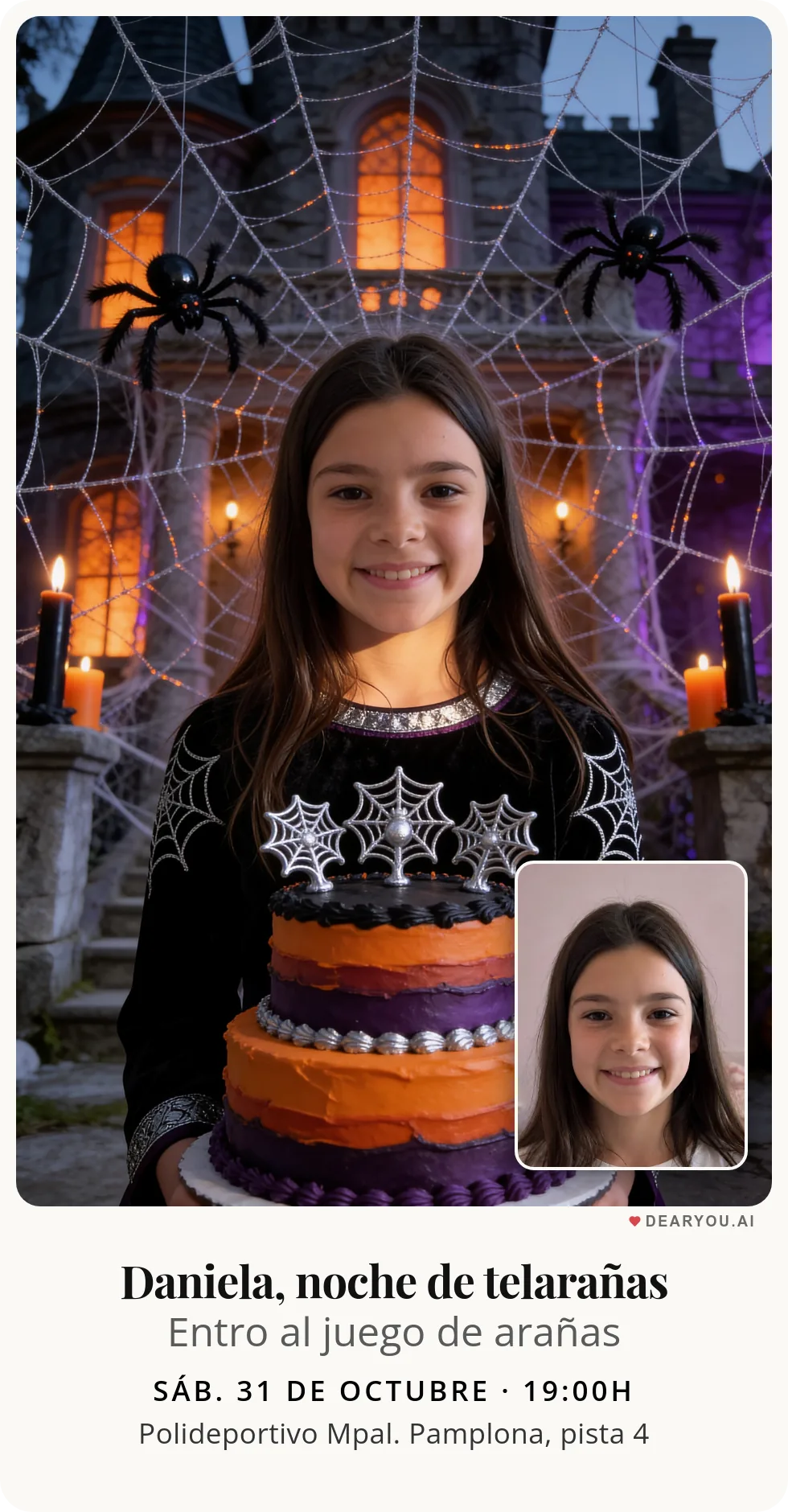 Invitación de cumpleaños infantil personalizada con nombre y edad, temática de arañas de Halloween
