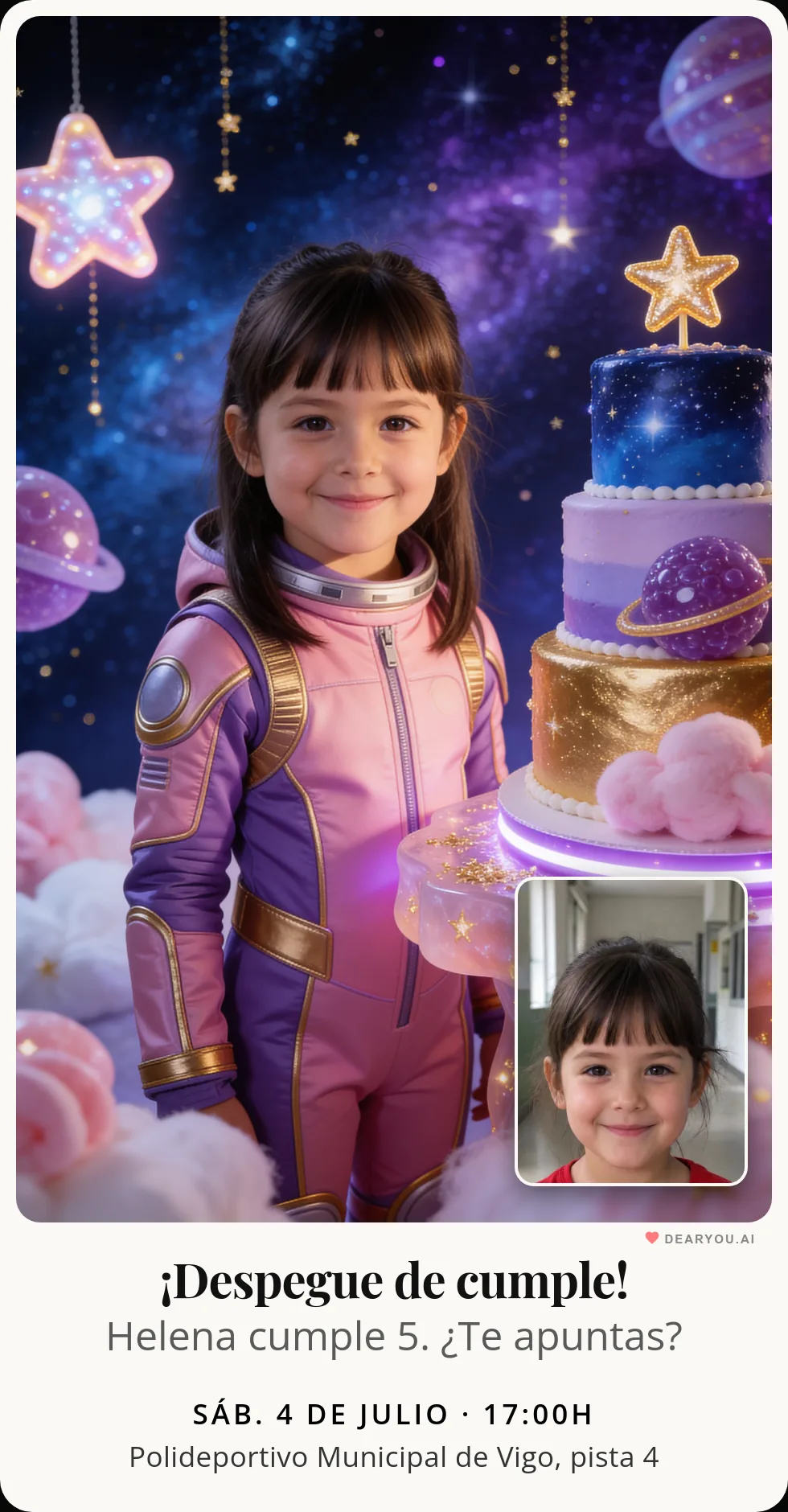 Invitación de cumpleaños infantil personalizada con nombre y edad, temática de astronauta en la galaxia de caramelos