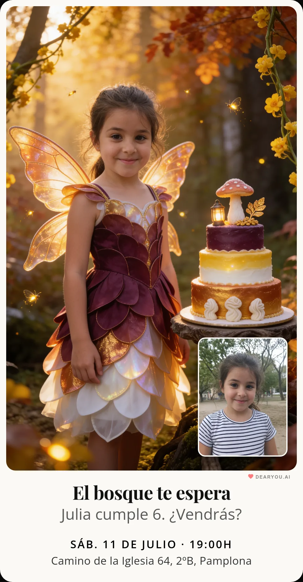 Invitación de cumpleaños infantil personalizada con nombre y edad, temática de bosque encantado