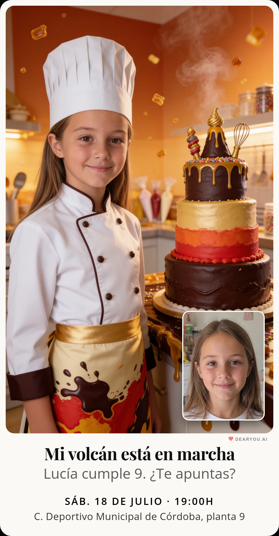Invitación de cumpleaños infantil personalizada con nombre y edad, temática de chef del volcán de chocolate
