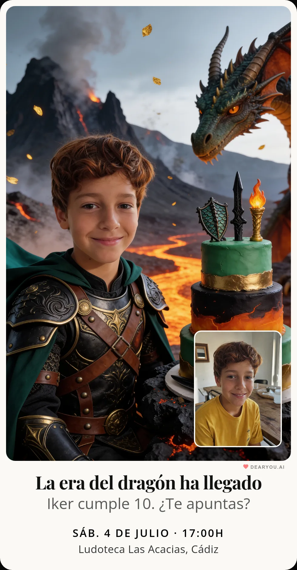 Invitación de cumpleaños infantil personalizada con nombre y edad, temática de domador de dragones