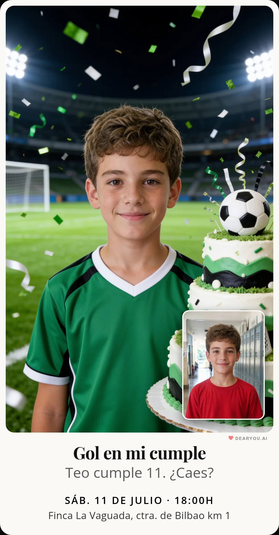 Invitación de cumpleaños infantil personalizada con nombre y edad, temática de fútbol campeón