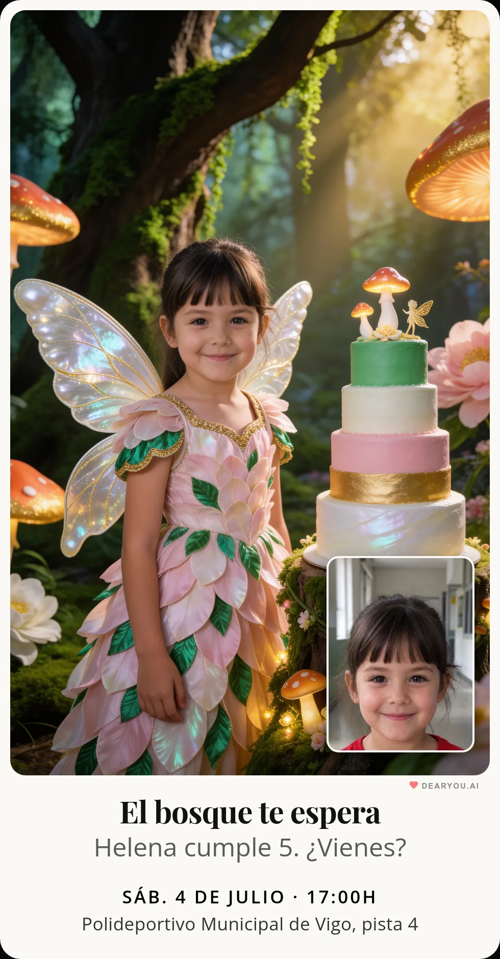 Invitación de cumpleaños infantil personalizada con nombre y edad, temática de hadas del bosque encantado